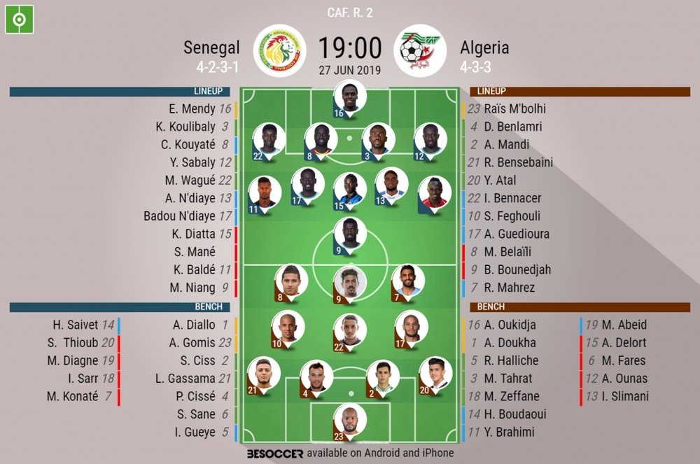 Senegal v Algeria, Matchday 2, Group C, 27/06/2019 - official line-ups. BeSoccer