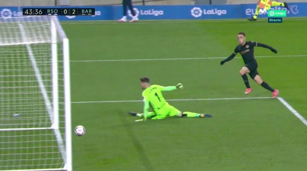 Sergino Dest got his first goal for Barca against Sociedad. Screenshot/MovistarLaLiga