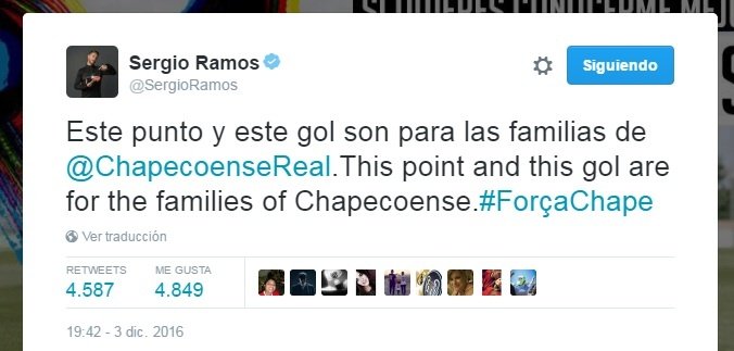 Sergio Ramos dedica esta mensagens às vítimas da Chapecoense. Twitter/Sergio Ramos