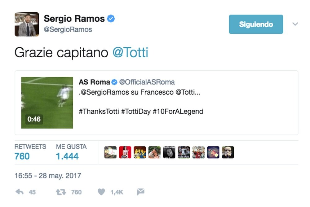 Le message de Ramos pour Totti. Twitter
