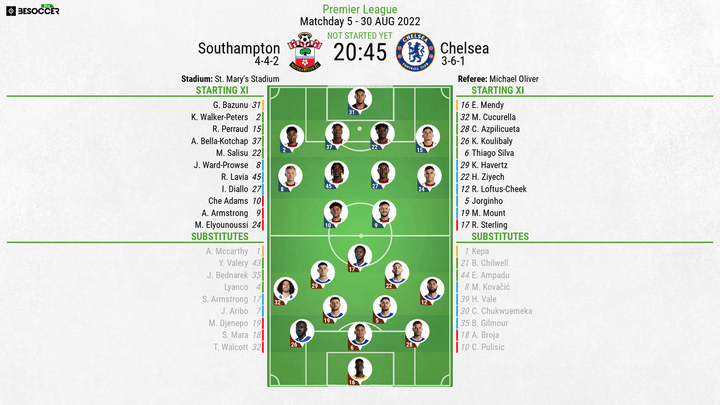 Southampton v Chelsea, Premier League 2022/23, Matchday 5, 30/08/2022, lineups. BeSoccer