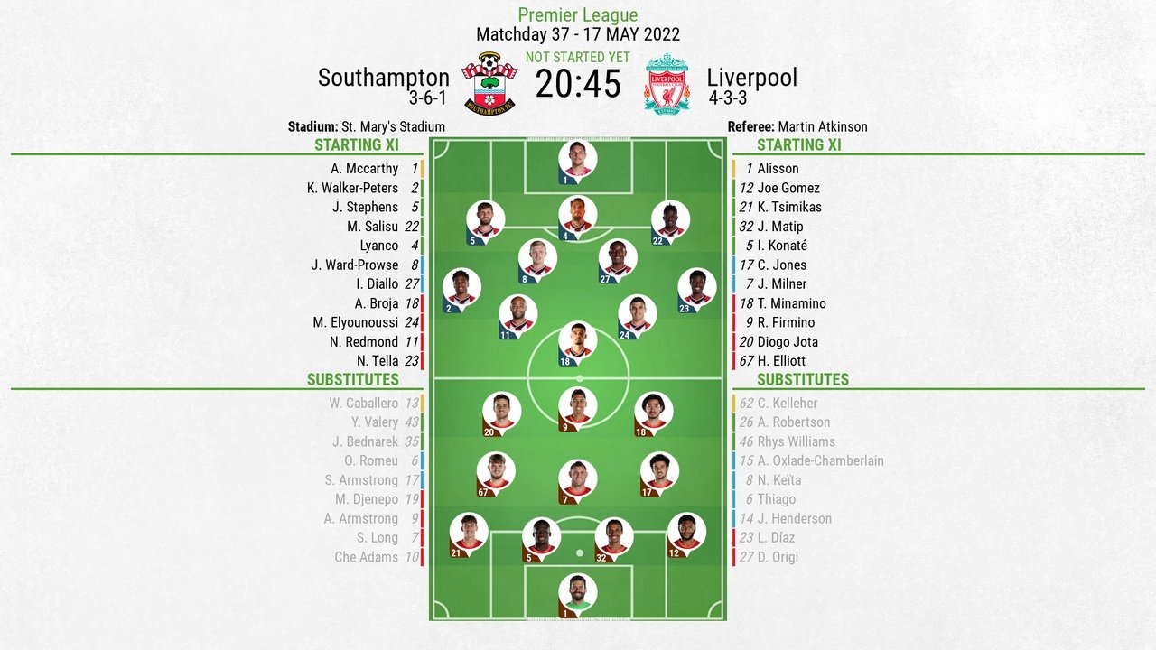 Southampton v Liverpool, Premier League 2021/22, Matchday 37, 17/05/2022, lineups. BeSoccer