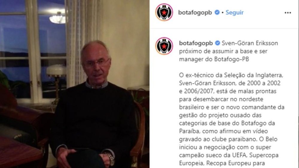 Eriksson está negociando su fichaje por Botafogo PB. Instagram/BotafogoPB