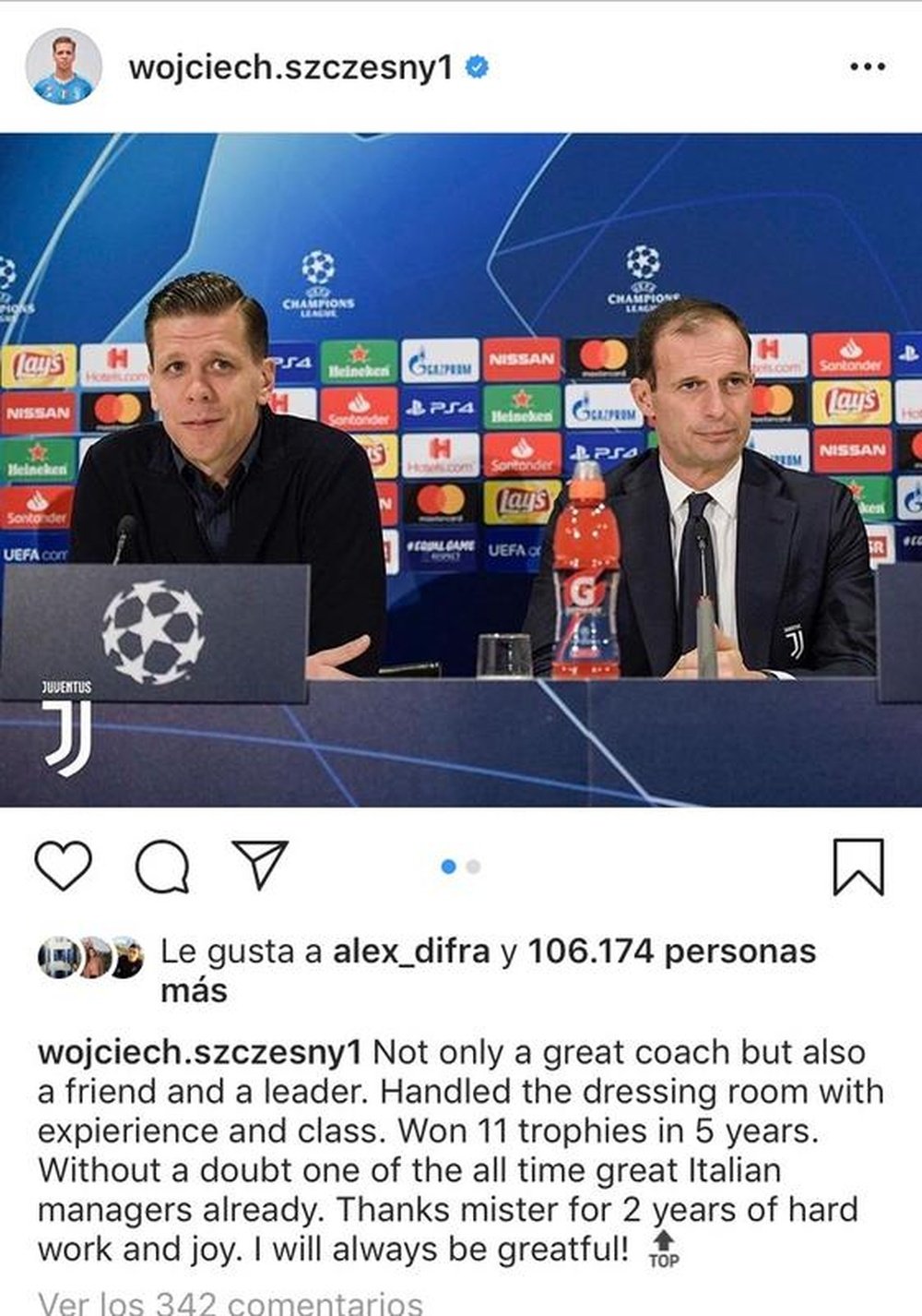 I bianconeri ringraziano Allegri sui social. Instagram/Szczesny