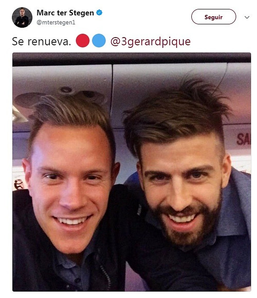 Piqué renovó con el Barcelona. Twitter/TerStegen