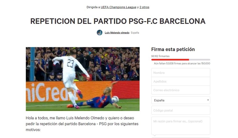 The petition requests Barcelona-PSG fixture to be replayed. BeSoccer