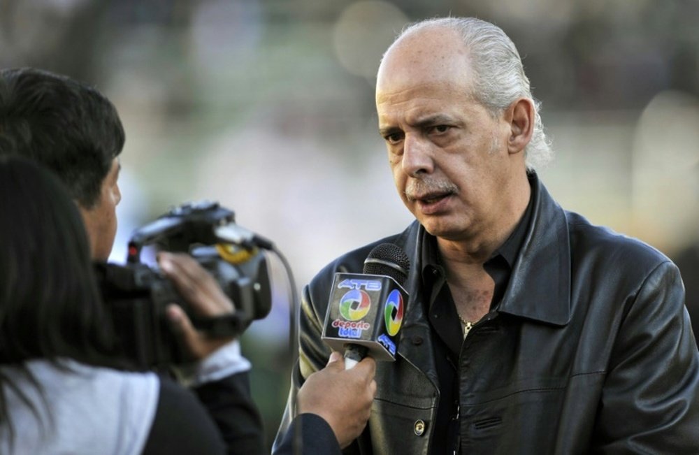 The president of the Bolivian Football Federation and treasurer of the South American Football Confederation (Conmebol), Carlos Chavez, speaks to the press in La Paz, Bolivia on September 3, 2014.