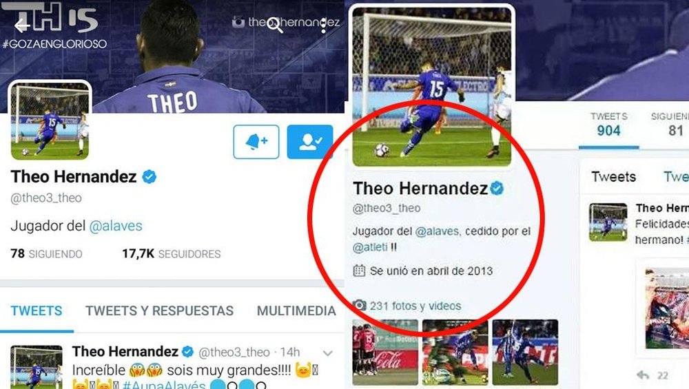 Theo Hernández elimina o Atlético da sua biografia nas redes sociais. Twitter
