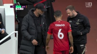 Thiago went off injured and is a doubt for the final. Screenshot/DAZN