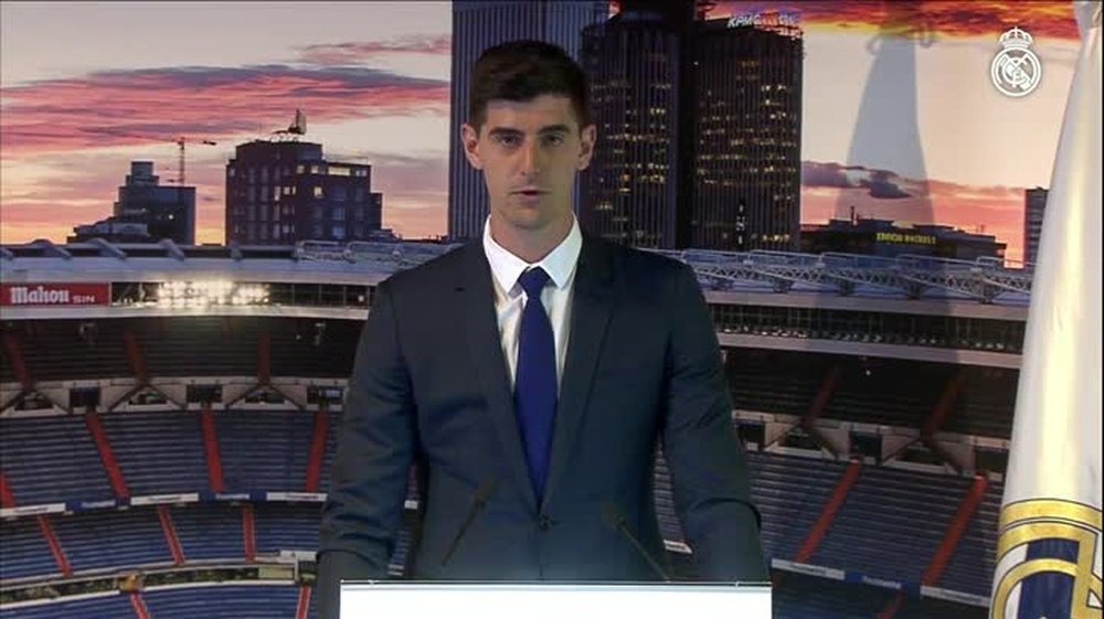 Thibaut Courtois, durante sua apresentaçao como novo jogador do Real Madrid. RealMadridTV