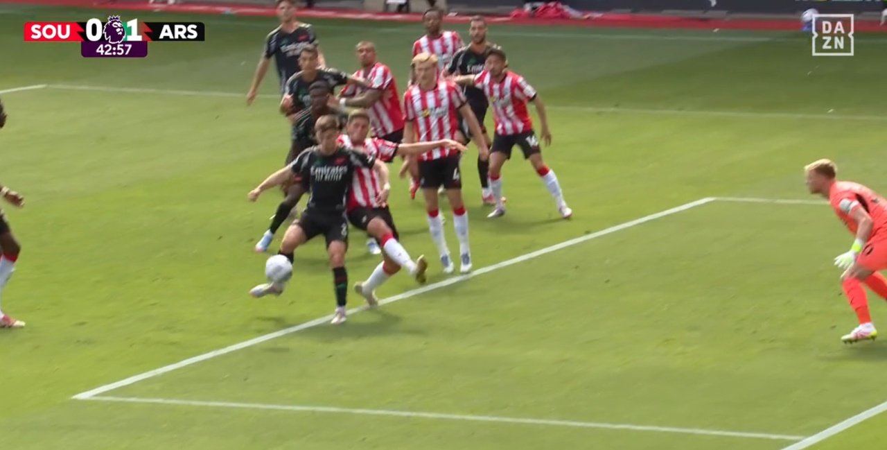 Tierney opens scoring for Arsenal against relegated Southampton. Screenshot/DAZN