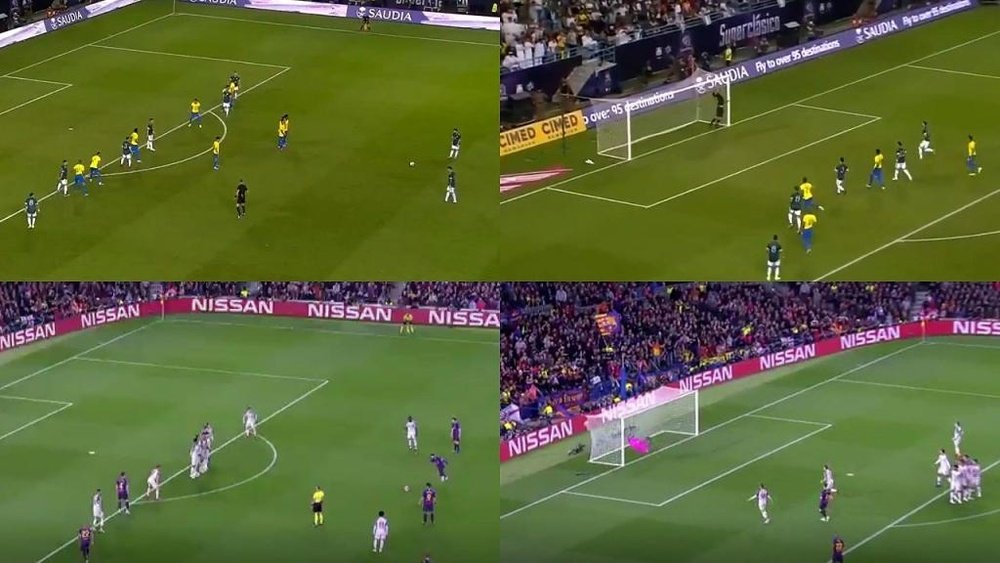 Messi repitió la falta del Liverpool ante Alisson. Capturas/DAZN - MovistarLigadeCampeones