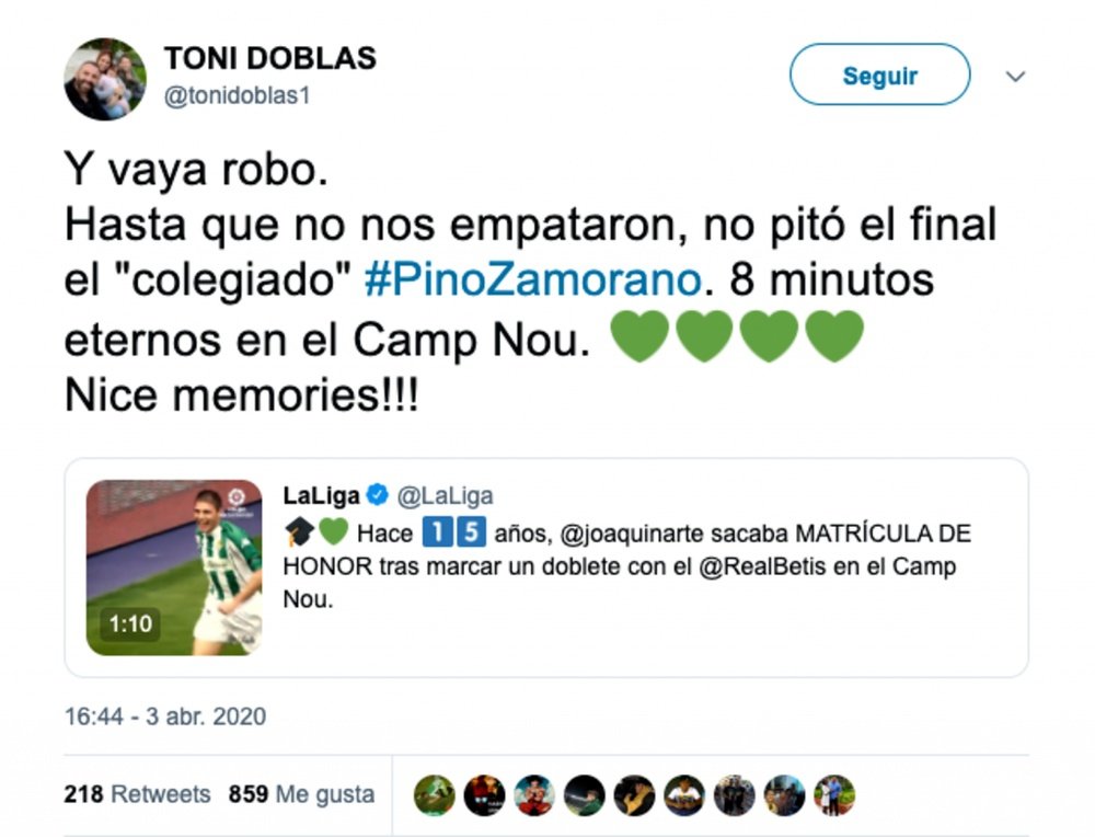 El mensaje de Doblas. Twitter/tonidoblas1/LaLiga