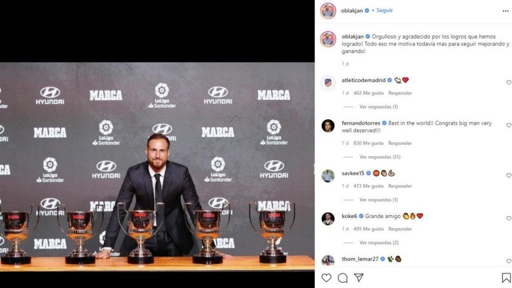Torres felicitó a Oblak por sus cinco Zamoras. Instagram/oblakjan
