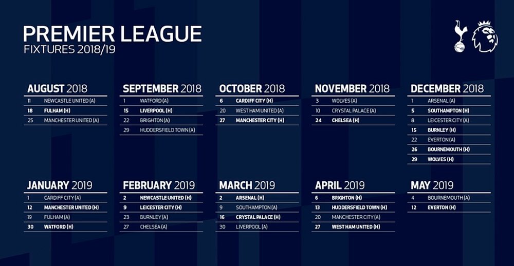 Tottenham's full fixture list for the 2018/19 Premier League season. Twitter/SpursOfficial