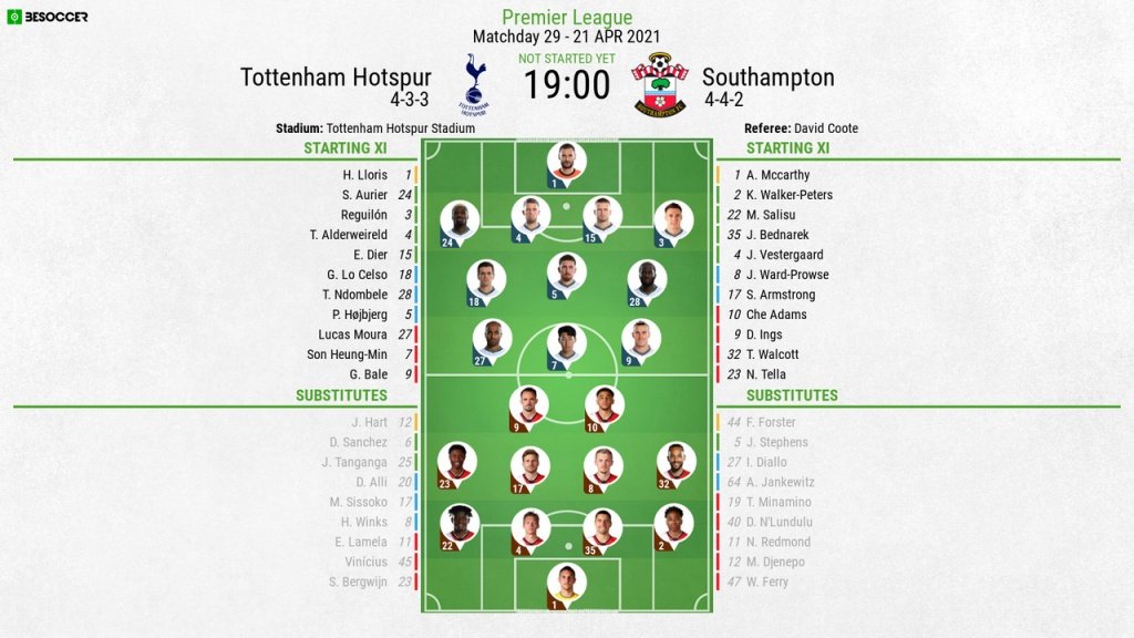 Tottenham v Southampton, Premier League 2020/21, matchday 29, - Official line-ups. BESOCCER