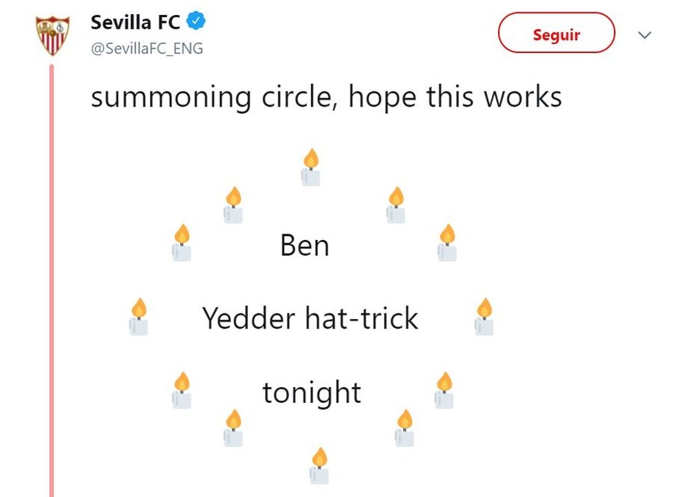 La 'invocación' le sirvió al Sevilla. Twitter @SevillaFC_ENG