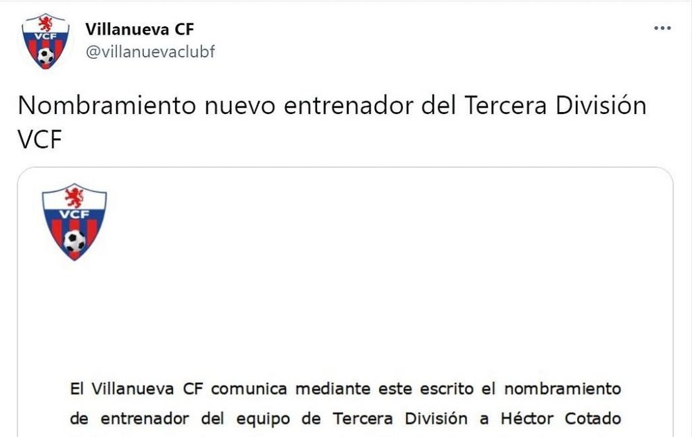 Héctor Cotado será el nuevo entrenador del equipo. Twitter/villanuevaclubf