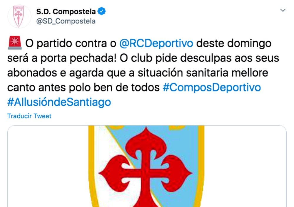 El club critica la falta de claridad de la Xunta de Galicia. Twitter/SD_Compostela
