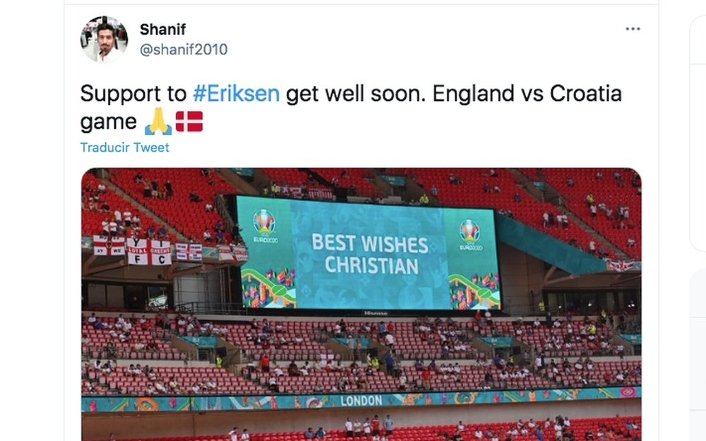 Inglaterra e Croácia se unem por Eriksen. Captura/Twitter/shanif2010