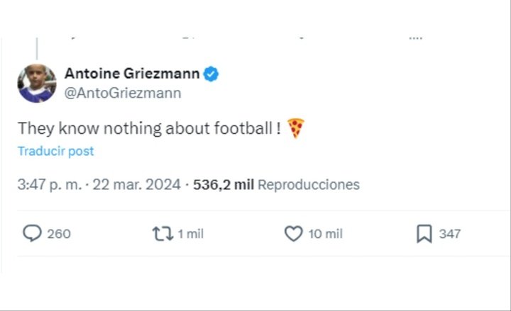Griezmann ha risposto ad alcune critiche. Captura/Twitter/AntoGriezmann