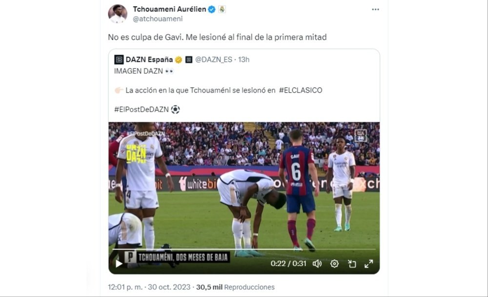 Tchouameni is expected to be out for around two months. Screenshot/Twitter/atchouameni