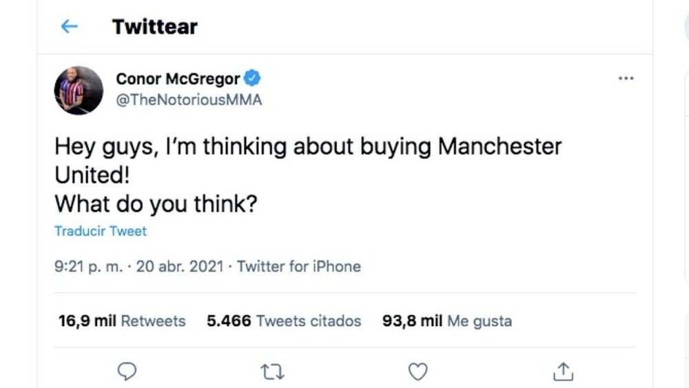 Conor McGregor envisagerait d'acheter Manchester United. Captura/Twitter/TheNotoriousMMA