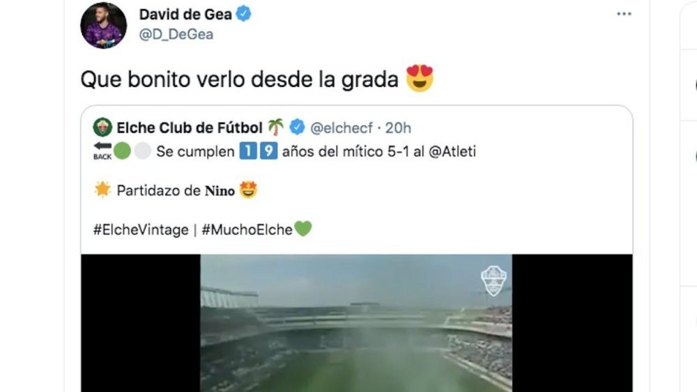 De Gea recordó una goleada al Atlético. Captura/Twitter/D_DeGea