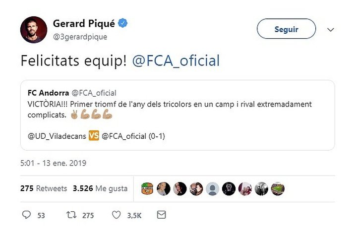 Piqué felicitou o Andorra pela vitória sofrida