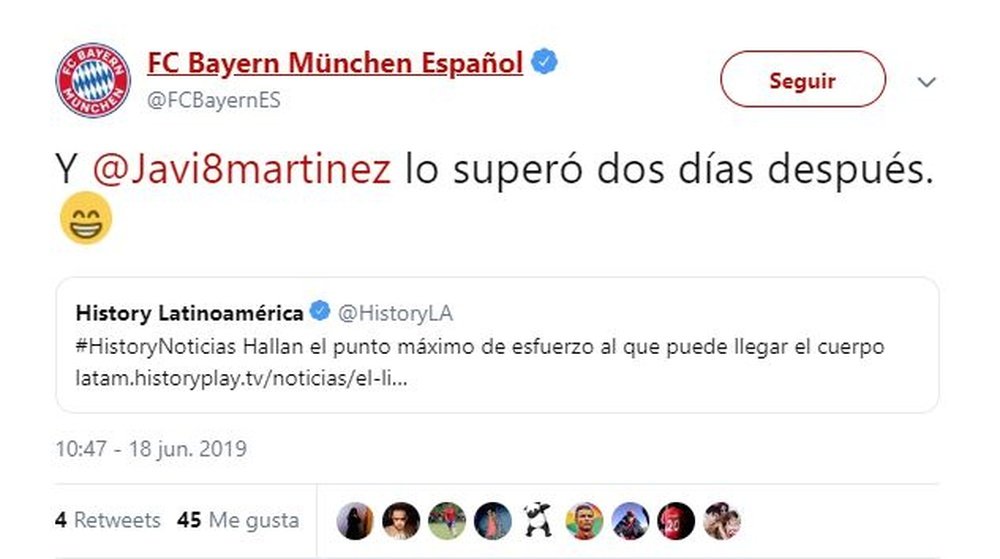 La broma del Bayern para poner en valor el físico de Javi Martínez. Twitter/FCBayernES