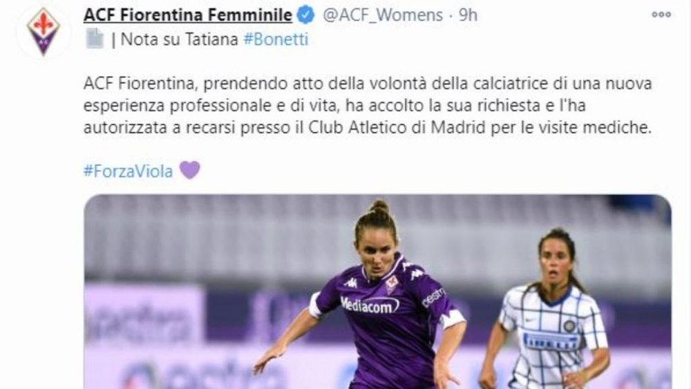 La Fiorentina dio permiso a Bonetti para ir al Atlético. Twitter/ACF_Womens