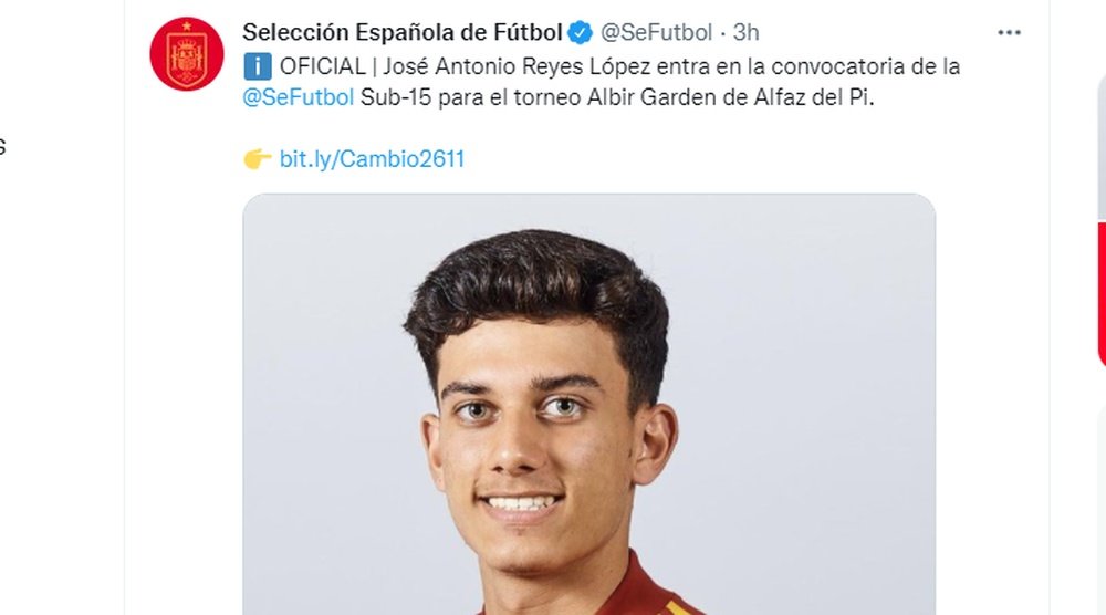 El hijo de Reyes, convocado con la Sub 15 de España. Captura/Twitter/SeFutbol