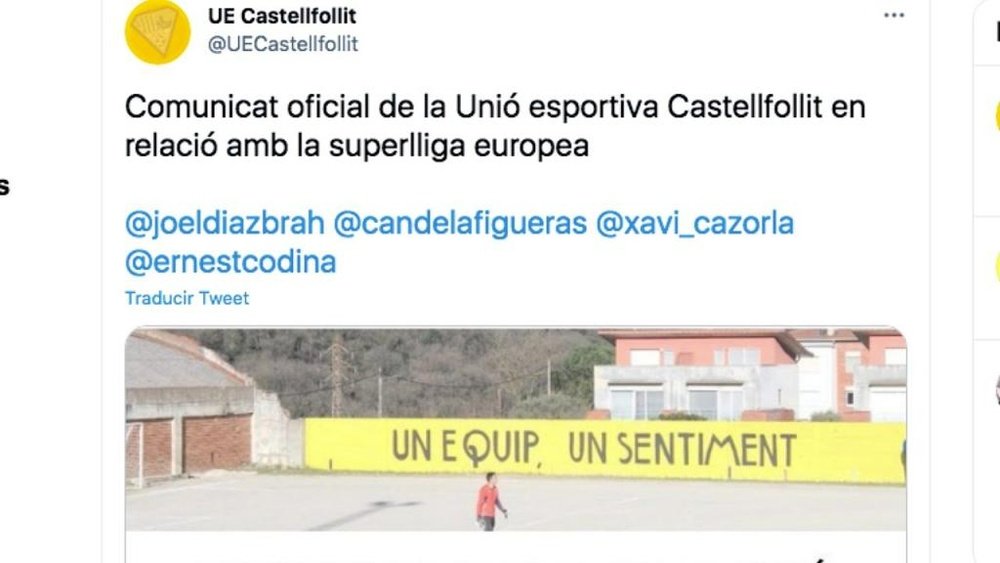 La UE Castellfollit se apuntaría a la Superliga. Captura/Twitter/UECastellfollit