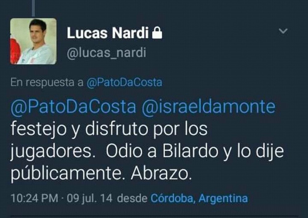 Tuit de Lucas Nardi sobre Bilardo. Twitter