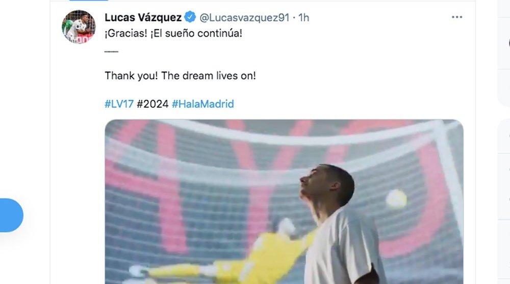 Lucas, muy contento por su renovación. Captura/Twitter/Lucasvazquez91