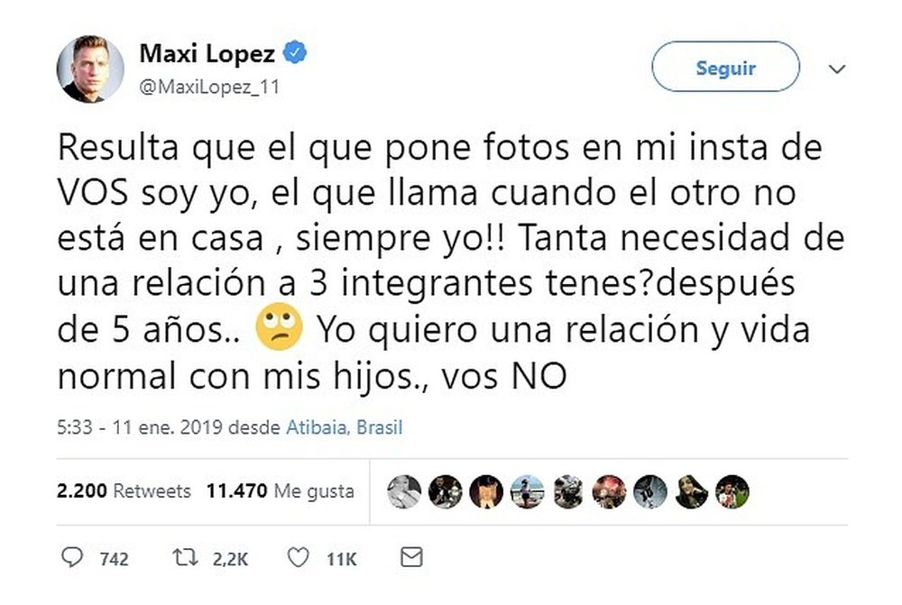 El futbolista de Vasco de Gama explotó contra su ex mujer. Twitter/MaxiLopez