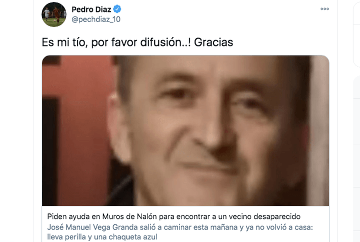 Pedro Díaz pide ayuda en las redes: su tío ha desaparecido