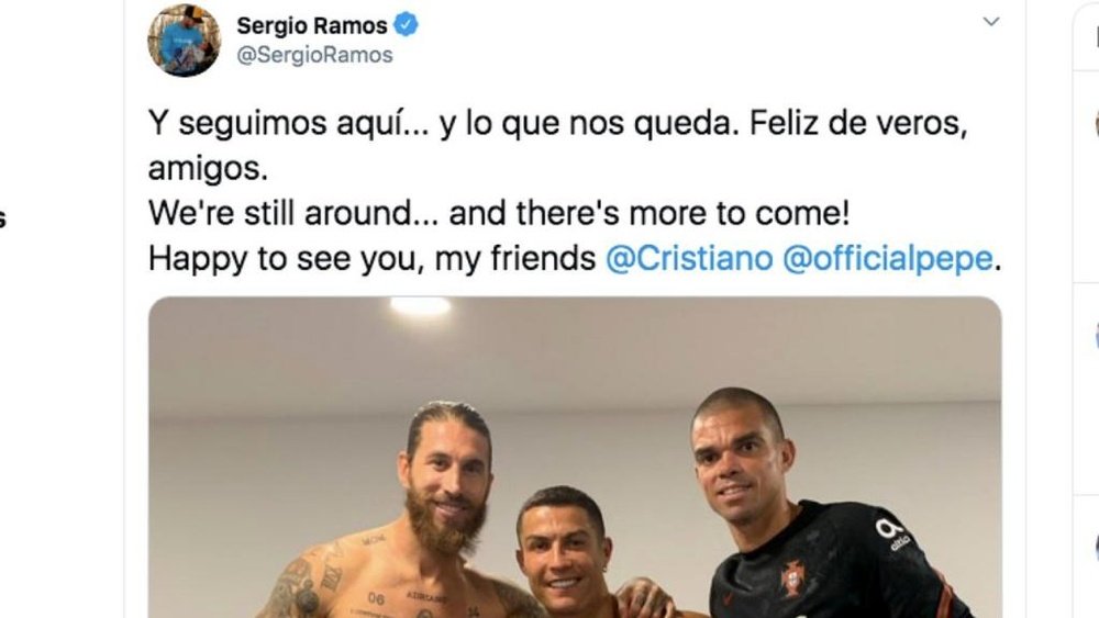 Ronaldo, Ramos and Pepe reconnect after Portugal v Spain. Captura/Twitter/SergioRamos