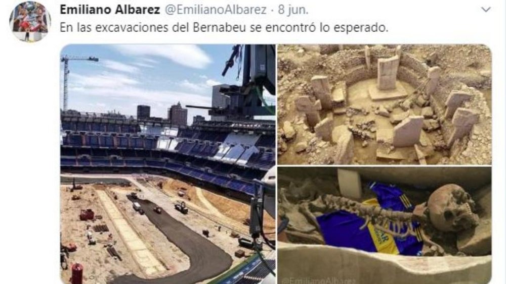 La macabra broma de un hincha de River: un esqueleto de Boca en el Bernabéu. Twitter/EmilianoAlbarez