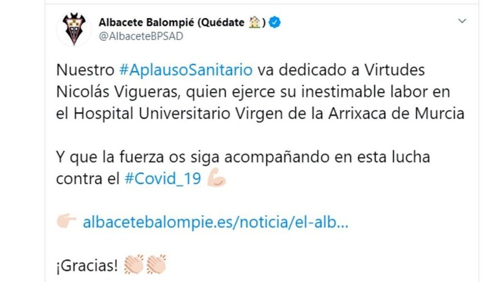 El Albacete comenzó una iniciativa. Captura/Twitter/AlbaceteBPSAD