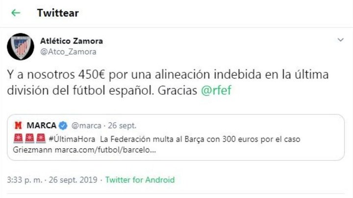 El 'zasca' del Atlético Zamora a la RFEF por la multa al Barça
