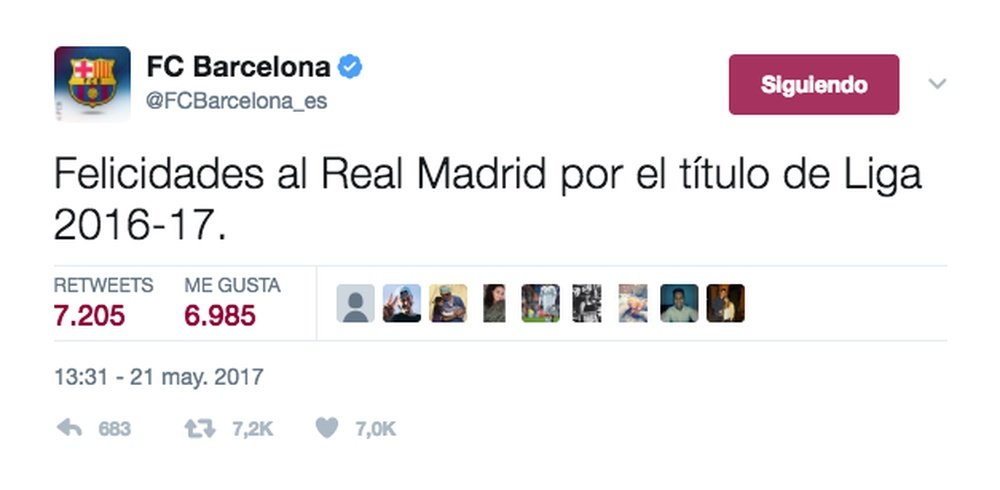 Tuit del Barcelona felicitando al Madrid por la Liga 2016-17. Twitter/FCBarcelona