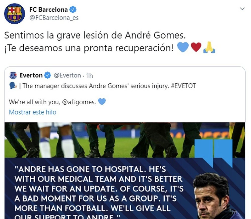 Messaggi di supporto di Barça e Valencia ad André Gomes. Captura/Twitter/FCBarcelona_es