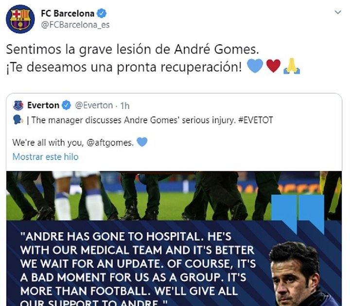 I messaggi di supporto di Barça e Valencia per Andrè Gomes dopo l'infortunio