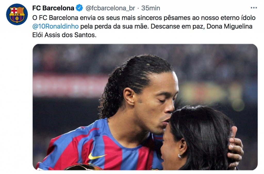 Le FC Barcelone présente ses condoléances à Ronaldinho. Twitter/fcbarcelona_br