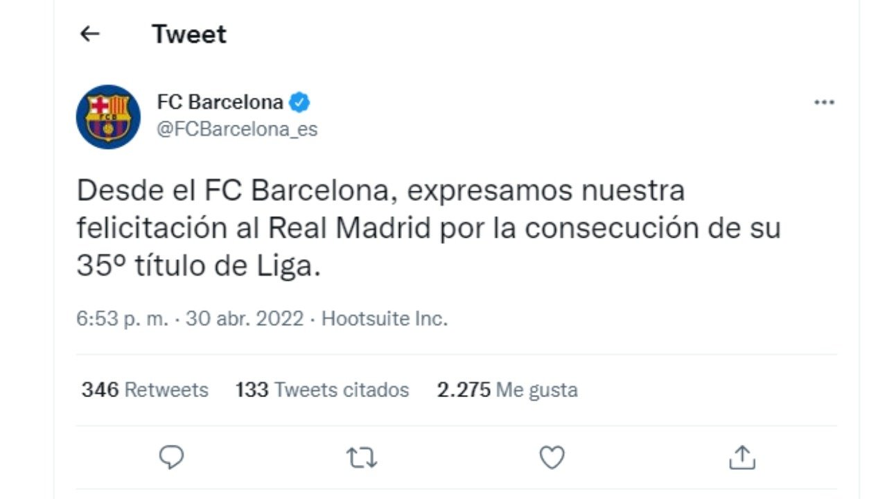 El Barça felicitó al Madrid. Captura/Twitter/FCBarcelona_es