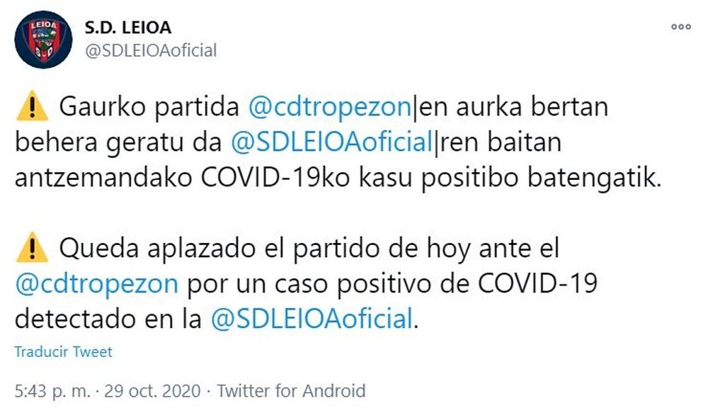 Se suspende el Leioa-Tropezón. Twitter/SDLeioa