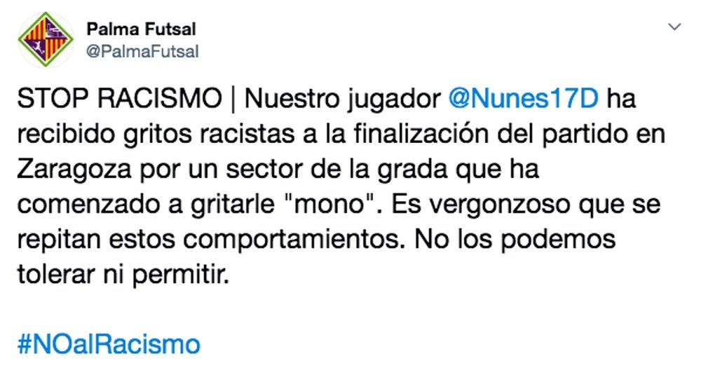 Algunos aficionados habrían llamado ''mono'' a Diego Nunes. Twitter/PalmaFutsal