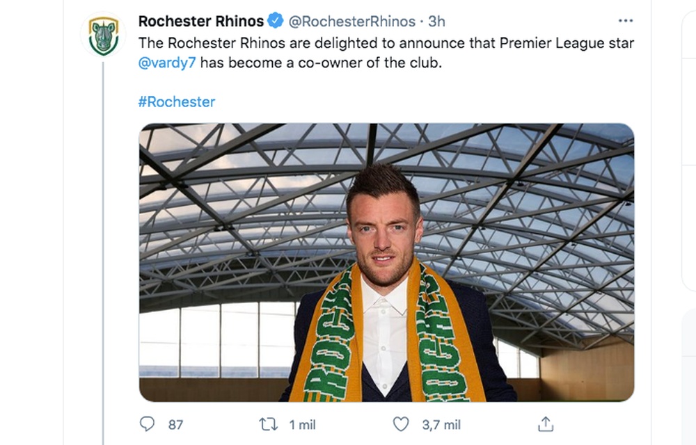 Jamie Vardy, copropietario de Rochester Rhinos. Captura/Twitter/RochesterRhinos