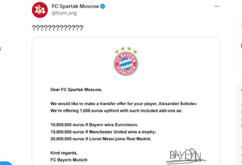 El Spartak se rio del Bayern en sus redes. Captura/Twitter/fcsm_eng